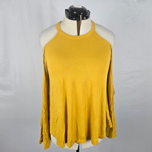 Forever 21 Blouse Women's 0X Yellow Long Sleeve Cold Shoulder Key Hole Back - Picture 1 of 16